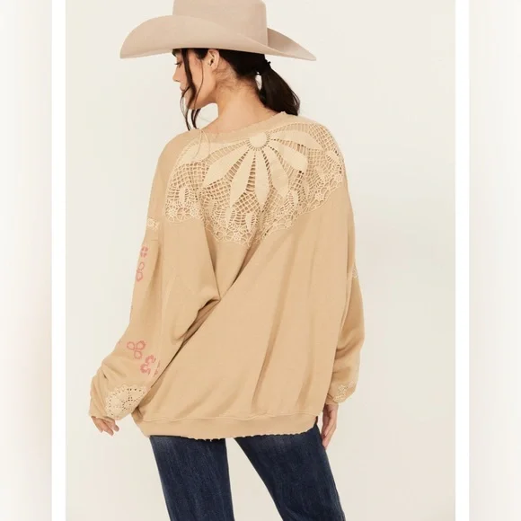 free people women’s floral crewneck sweatshirt - beige size medium nwt - Picture 6 of 6